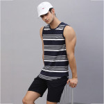 Men Navy Blue & White Striped Round Neck Sleeveless T-Shirt Vest