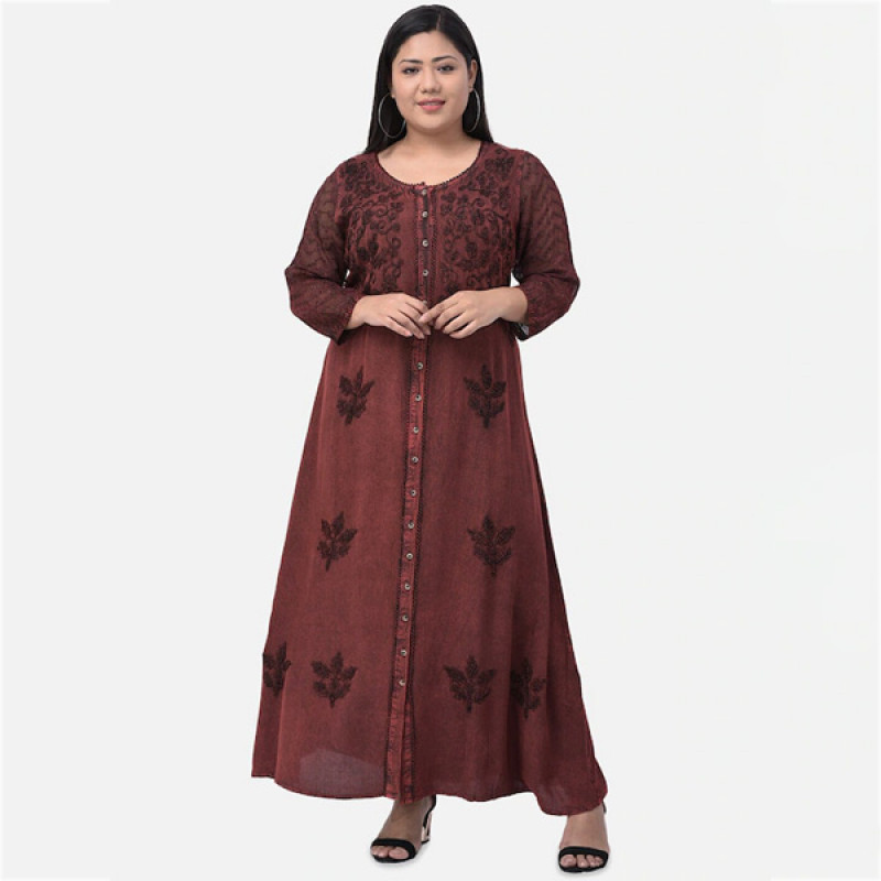 Women Brown Floral Embroidered Maxi Dress
