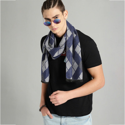 The Lifestyle Co Unisex Navy Blue & Grey Printed Acrylic Scarf