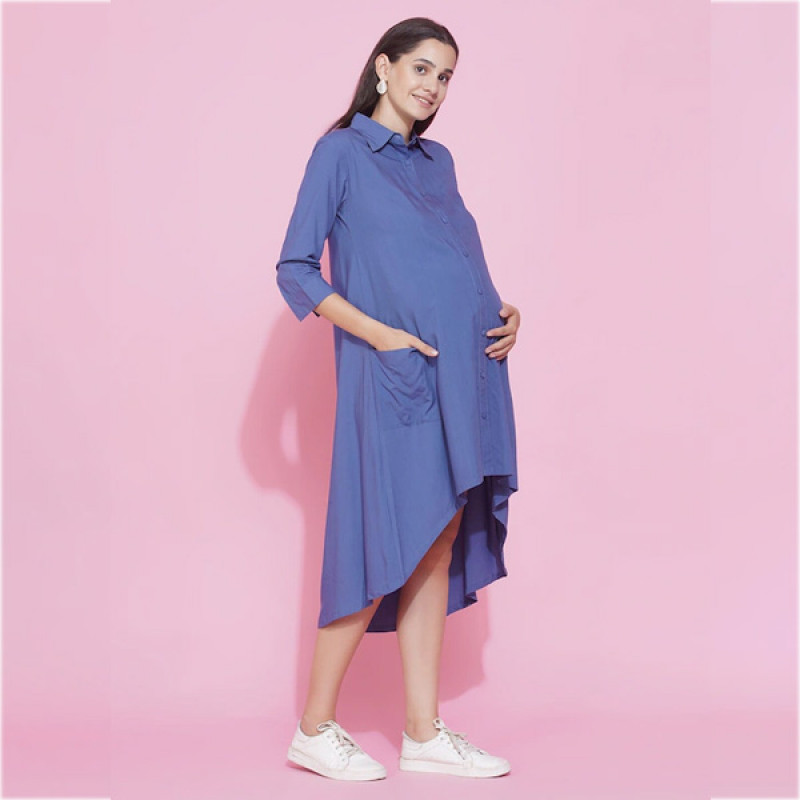 Women Blue Maternity Shirt Midi Dress