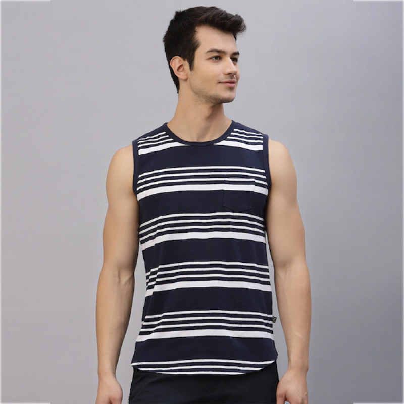 Men Navy Blue & White Striped Round Neck Sleeveless T-Shirt Vest