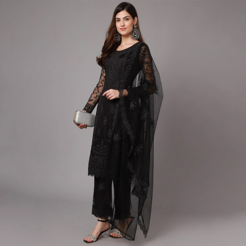 Black Embroidered Net Unstitched Dress Material