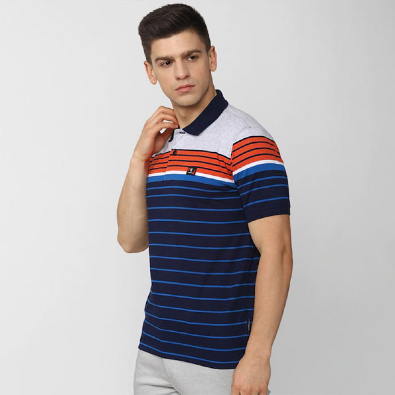 Men Navy Blue Striped Polo Collar Applique T-shirt
