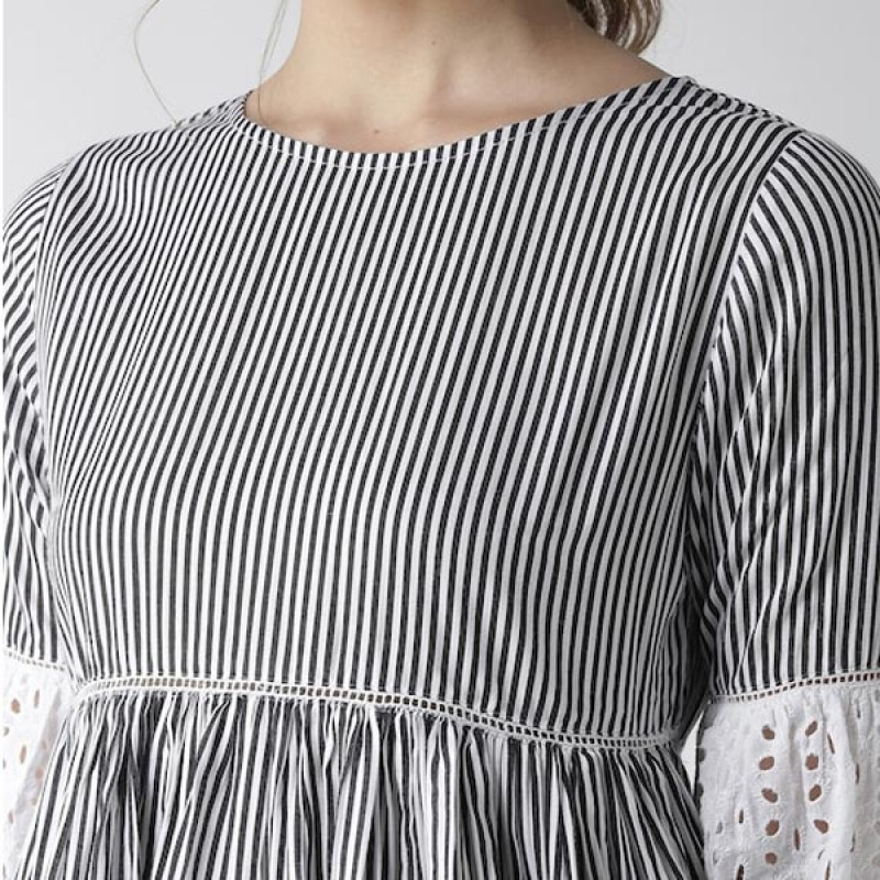 Women Black & White Striped A-Line Top