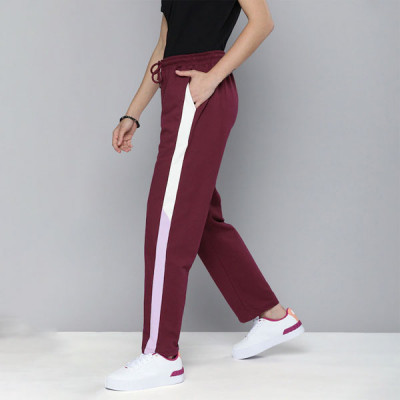 Women Burgundy & White Colourblocked Side Stripe Mid Rise Casual Track Pants