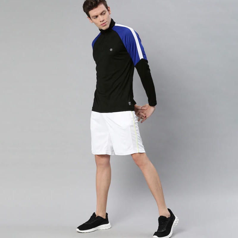 Men Black Solid High Neck T-shirt With Colourblocked Sleeves